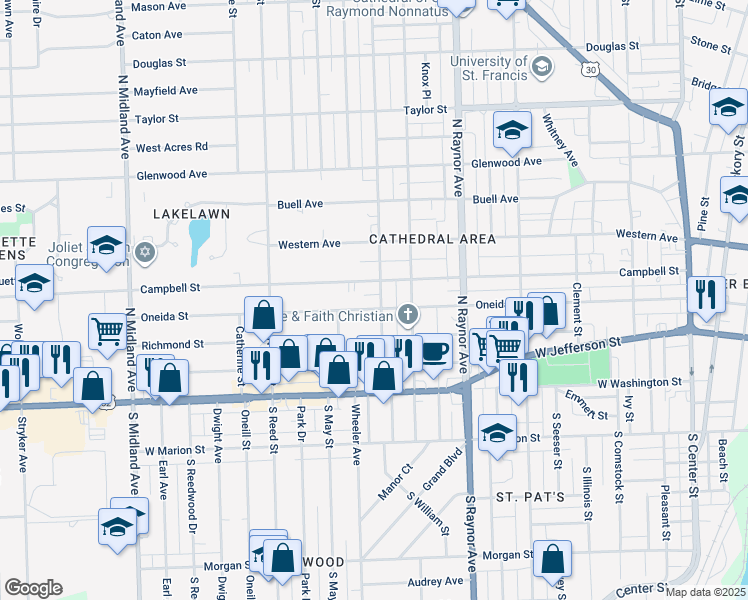 map of restaurants, bars, coffee shops, grocery stores, and more near 961 Oneida Street in Joliet
