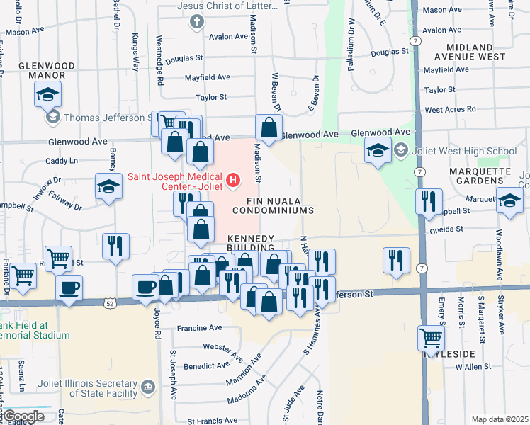 map of restaurants, bars, coffee shops, grocery stores, and more near 210 Madison Street in Joliet