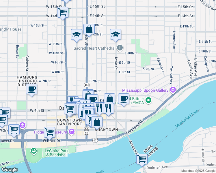 map of restaurants, bars, coffee shops, grocery stores, and more near 224 East 6th Street in Davenport