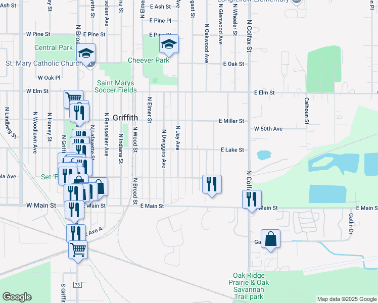 map of restaurants, bars, coffee shops, grocery stores, and more near 242 North Arbogast Street in Griffith