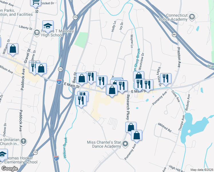 map of restaurants, bars, coffee shops, grocery stores, and more near 1170 East Main Street in Meriden