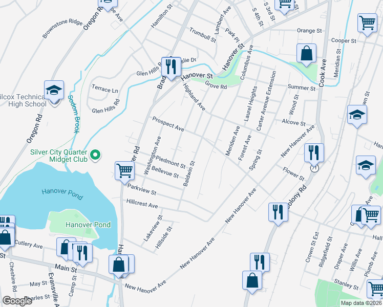 map of restaurants, bars, coffee shops, grocery stores, and more near 46 Baldwin Street in Meriden