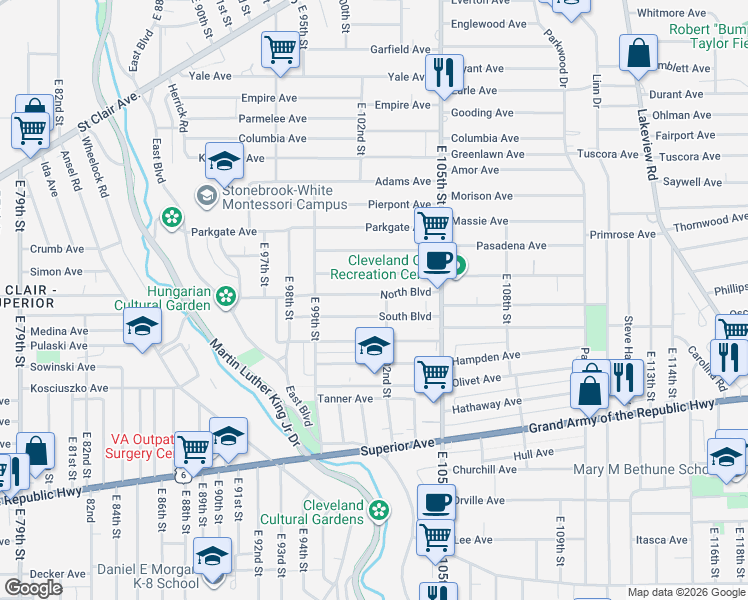 map of restaurants, bars, coffee shops, grocery stores, and more near 10127 South Boulevard in Cleveland