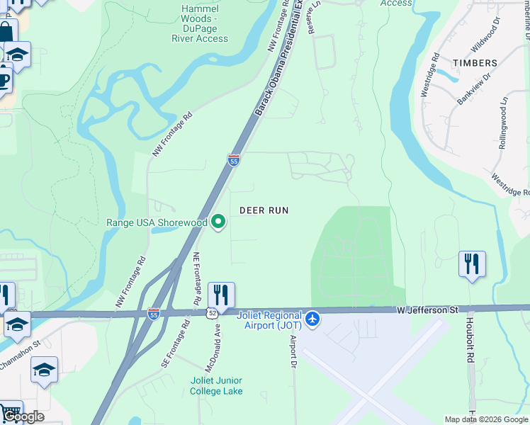 map of restaurants, bars, coffee shops, grocery stores, and more near 4156 Caribou Court in Joliet