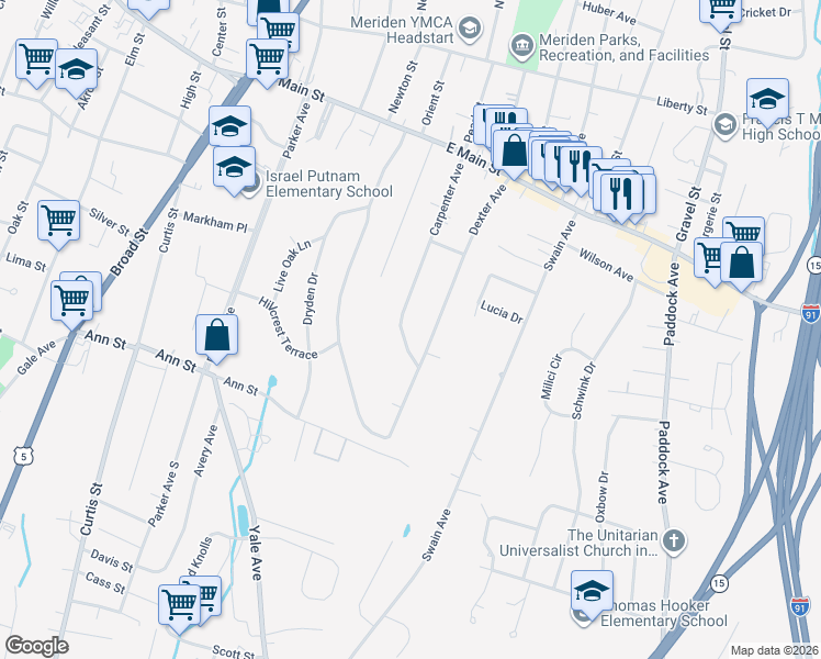 map of restaurants, bars, coffee shops, grocery stores, and more near 200 Carpenter Avenue in Meriden