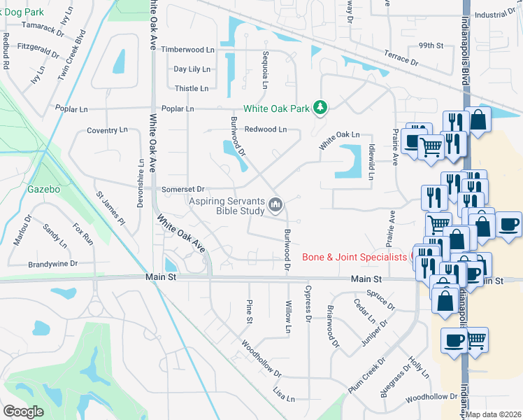 map of restaurants, bars, coffee shops, grocery stores, and more near 10336 Rosewood Lane in Munster