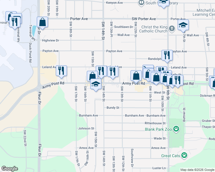 map of restaurants, bars, coffee shops, grocery stores, and more near 1322 Army Post Road in Des Moines