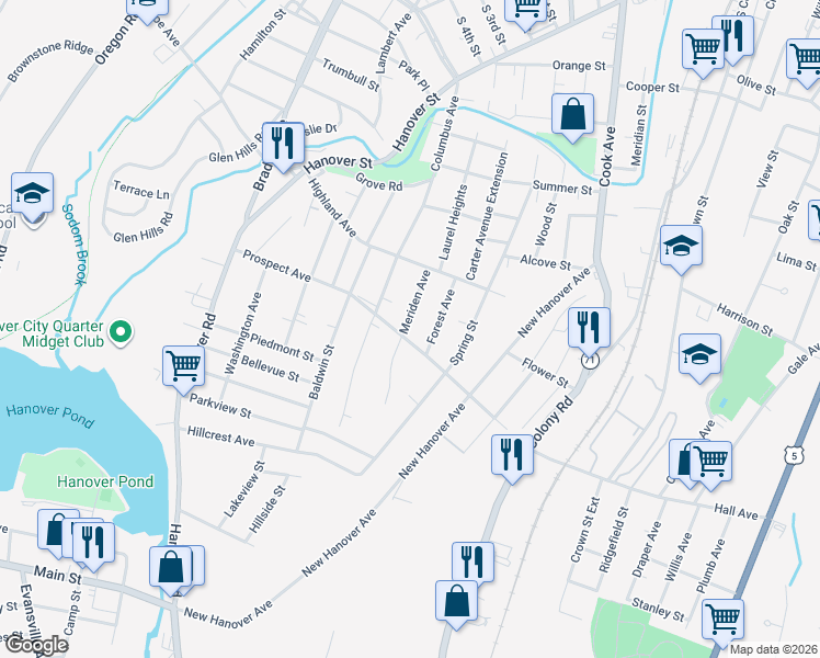map of restaurants, bars, coffee shops, grocery stores, and more near 66 Meriden Avenue in Meriden