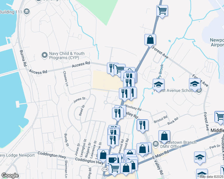 map of restaurants, bars, coffee shops, grocery stores, and more near 51 Chases Lane in Middletown