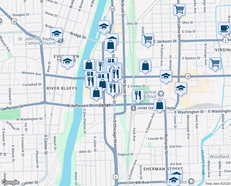 map of restaurants, bars, coffee shops, grocery stores, and more near 100n North Chicago Street in Joliet