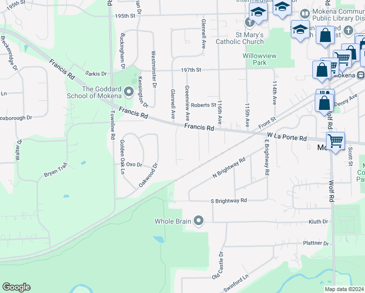 map of restaurants, bars, coffee shops, grocery stores, and more near 19945 Hillgate Road in Mokena