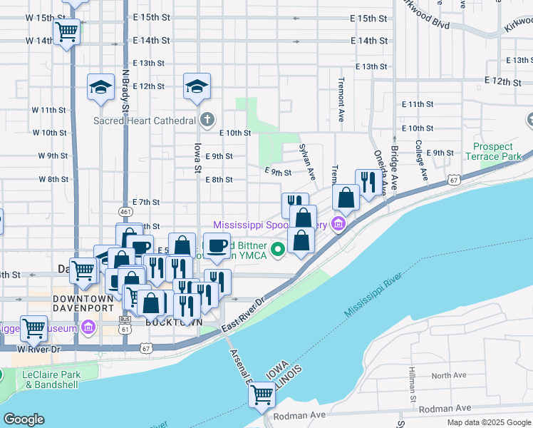 map of restaurants, bars, coffee shops, grocery stores, and more near 630 East 6th Street in Davenport