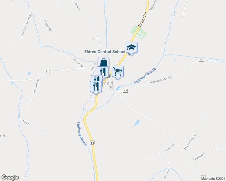 map of restaurants, bars, coffee shops, grocery stores, and more near 14 Proctor Road in Eldred