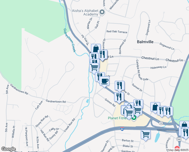 map of restaurants, bars, coffee shops, grocery stores, and more near 71 North Plank Road in Newburgh