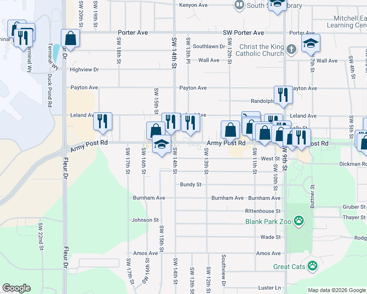map of restaurants, bars, coffee shops, grocery stores, and more near 1322 Army Post Road in Des Moines