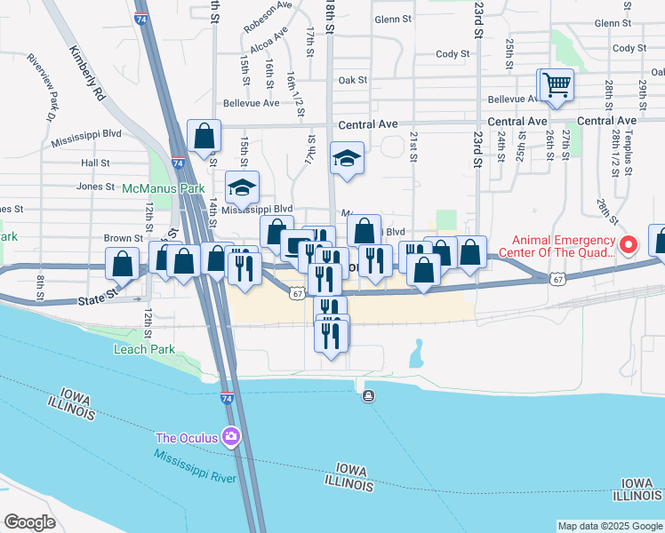 map of restaurants, bars, coffee shops, grocery stores, and more near in Bettendorf