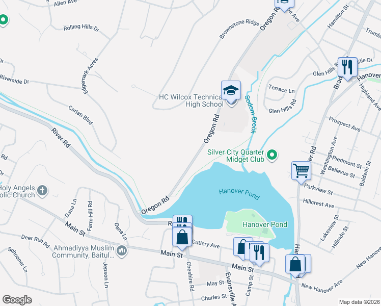 map of restaurants, bars, coffee shops, grocery stores, and more near 409 Oregon Road in Meriden