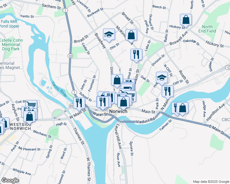 map of restaurants, bars, coffee shops, grocery stores, and more near 23 Union Street in Norwich