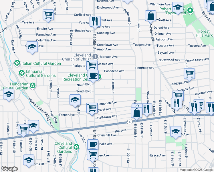 map of restaurants, bars, coffee shops, grocery stores, and more near 10623 Grantwood Avenue in Cleveland