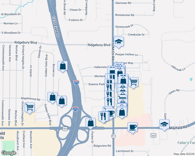 map of restaurants, bars, coffee shops, grocery stores, and more near 6611 Queens Park Avenue in Mayfield Heights