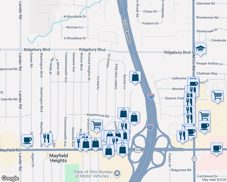 map of restaurants, bars, coffee shops, grocery stores, and more near 1274 Golden Gate Boulevard in Mayfield Heights