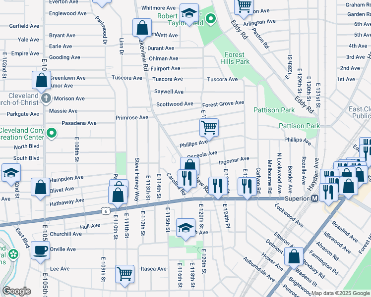 map of restaurants, bars, coffee shops, grocery stores, and more near 11809 Osceola Avenue in Cleveland