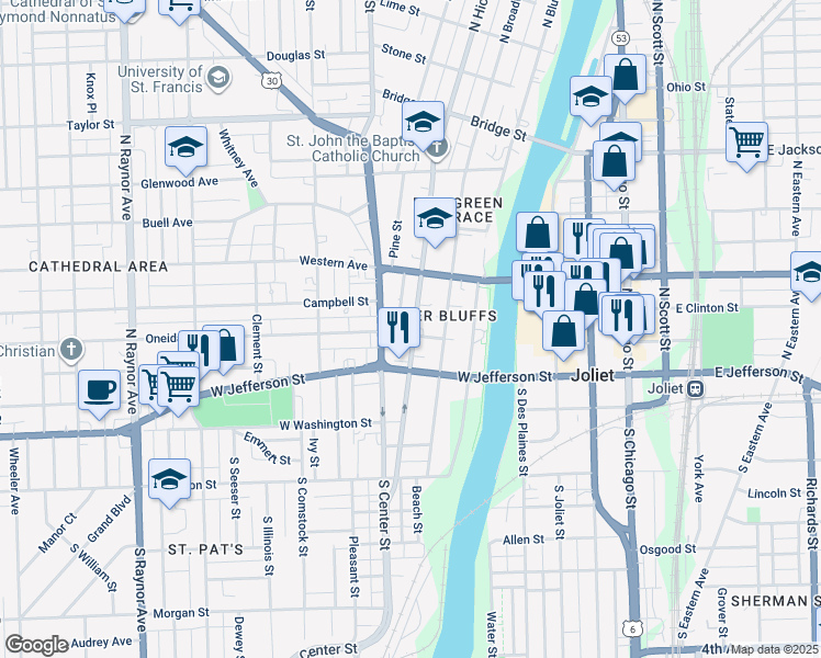 map of restaurants, bars, coffee shops, grocery stores, and more near 116 North Center Street in Joliet