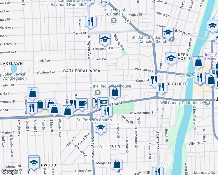 map of restaurants, bars, coffee shops, grocery stores, and more near 618 Oneida Street in Joliet