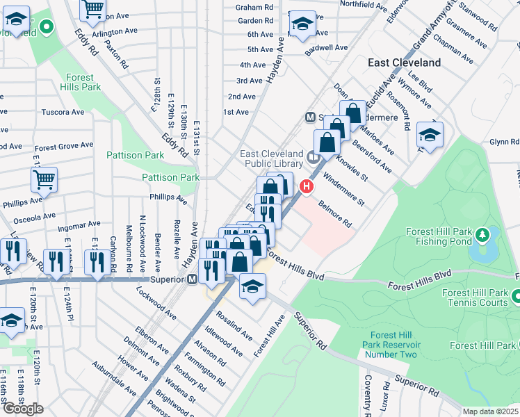 map of restaurants, bars, coffee shops, grocery stores, and more near 1767 Eddy Road in East Cleveland