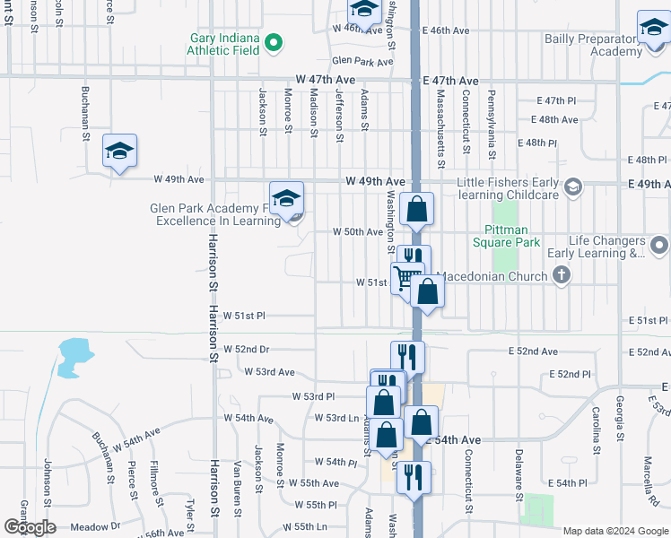 map of restaurants, bars, coffee shops, grocery stores, and more near 5068 Jefferson Street in Gary