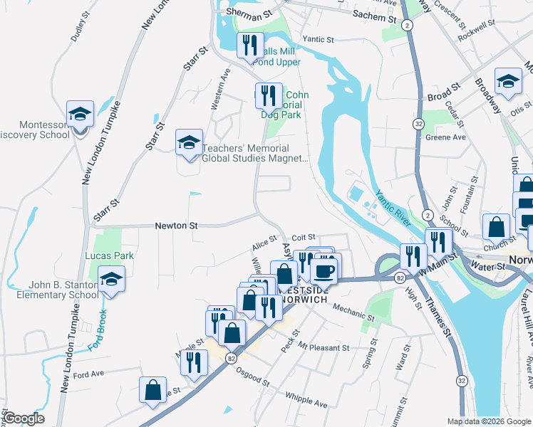map of restaurants, bars, coffee shops, grocery stores, and more near 105 Asylum Street in Norwich