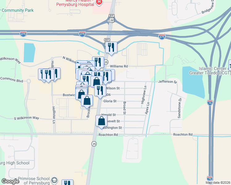 map of restaurants, bars, coffee shops, grocery stores, and more near 12477 406 in Perrysburg