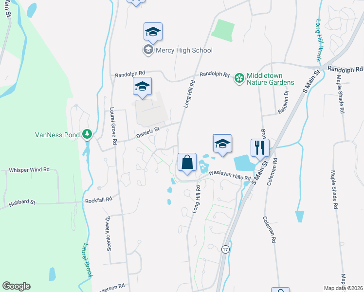map of restaurants, bars, coffee shops, grocery stores, and more near 588 Long Hill Road in Middletown