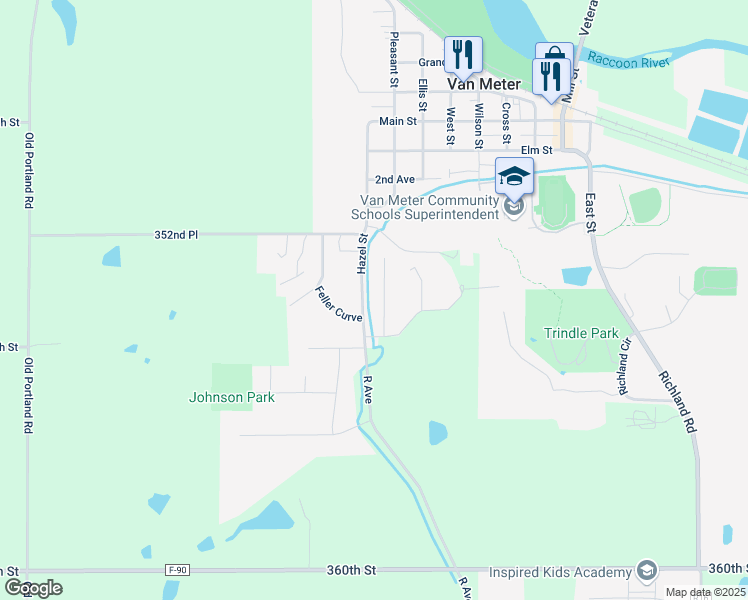 map of restaurants, bars, coffee shops, grocery stores, and more near 2408 Pine Court in Van Meter