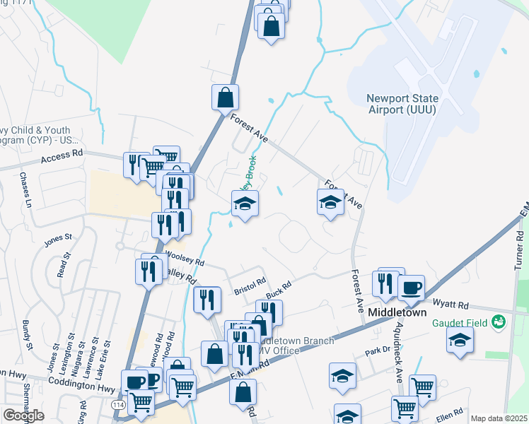 map of restaurants, bars, coffee shops, grocery stores, and more near 180 Bay Ridge Drive in Middletown