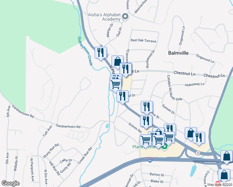 map of restaurants, bars, coffee shops, grocery stores, and more near 71 North Plank Road in Newburgh