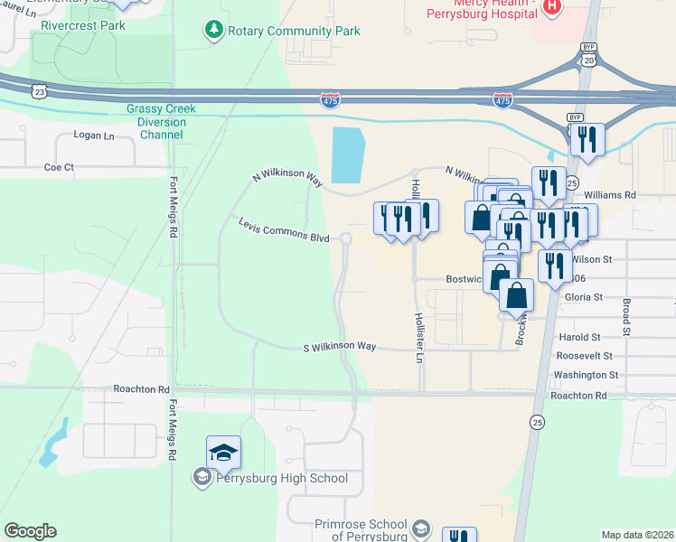 map of restaurants, bars, coffee shops, grocery stores, and more near 2005 Michael Owens Way in Perrysburg