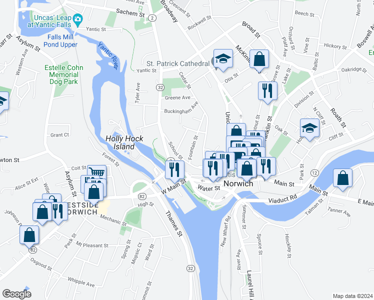 map of restaurants, bars, coffee shops, grocery stores, and more near 61 School Street in Norwich