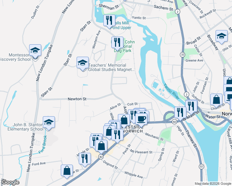 map of restaurants, bars, coffee shops, grocery stores, and more near 105 Asylum Street in Norwich