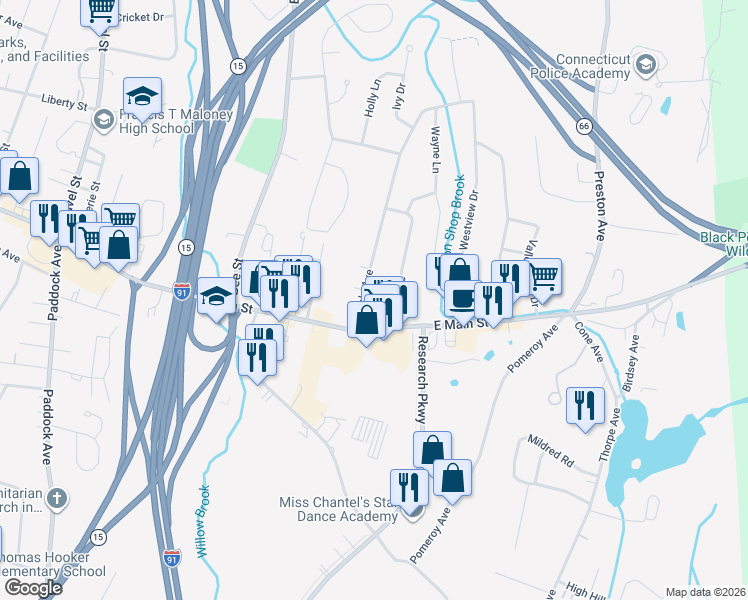 map of restaurants, bars, coffee shops, grocery stores, and more near 21 Maple Avenue in Meriden