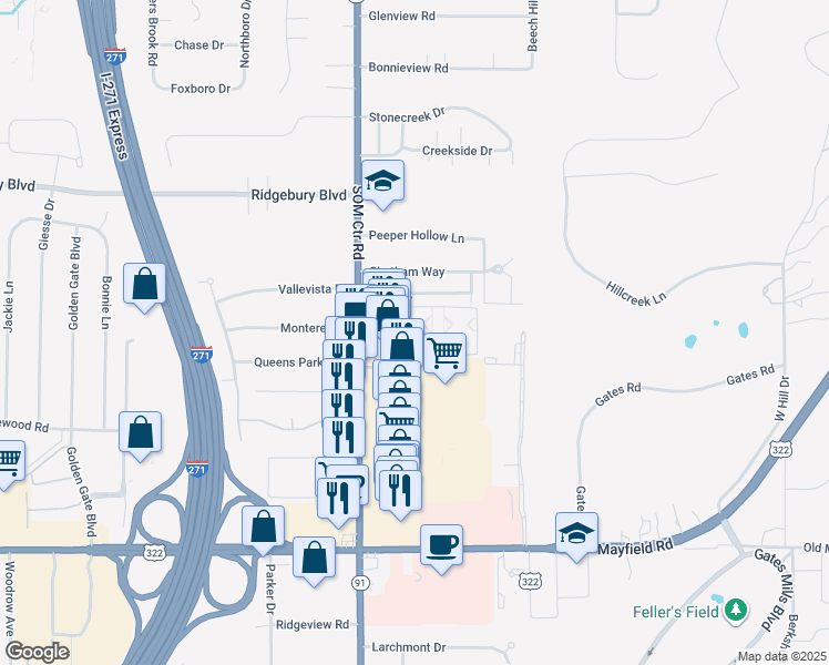 map of restaurants, bars, coffee shops, grocery stores, and more near 1223 Drury Court in Mayfield Heights