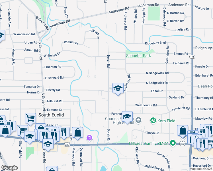map of restaurants, bars, coffee shops, grocery stores, and more near 1248 Dorsh Road in South Euclid
