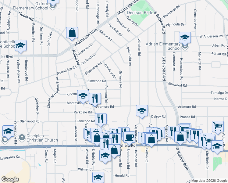 map of restaurants, bars, coffee shops, grocery stores, and more near 4025 Rosemond Road in Cleveland Heights