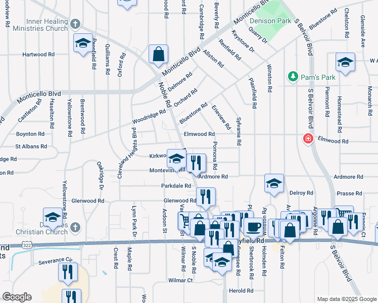 map of restaurants, bars, coffee shops, grocery stores, and more near 2780 Noble Road in Cleveland Heights