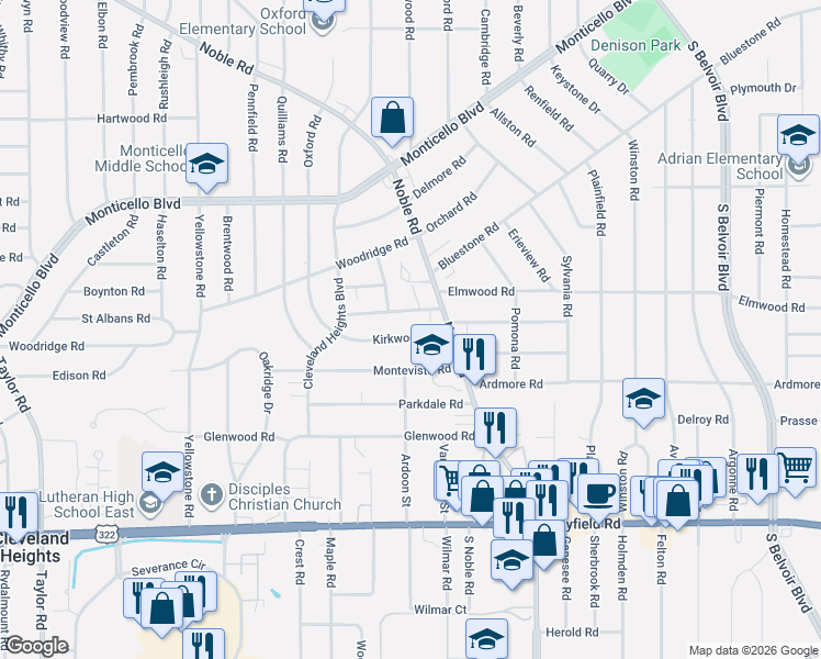 map of restaurants, bars, coffee shops, grocery stores, and more near 3856 Kirkwood Road in Cleveland Heights