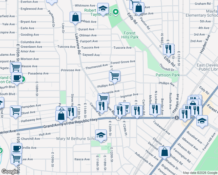 map of restaurants, bars, coffee shops, grocery stores, and more near 1186 East 123rd Street in Cleveland