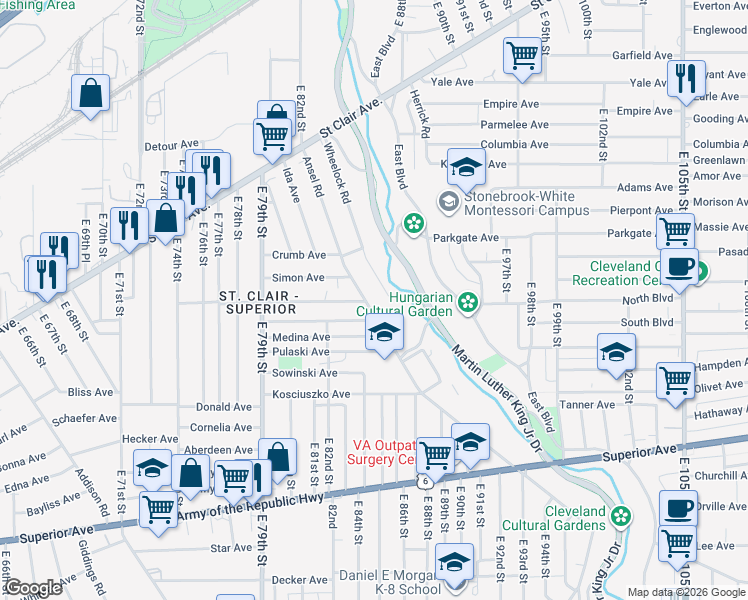 map of restaurants, bars, coffee shops, grocery stores, and more near 1041 Ansel Road in Cleveland