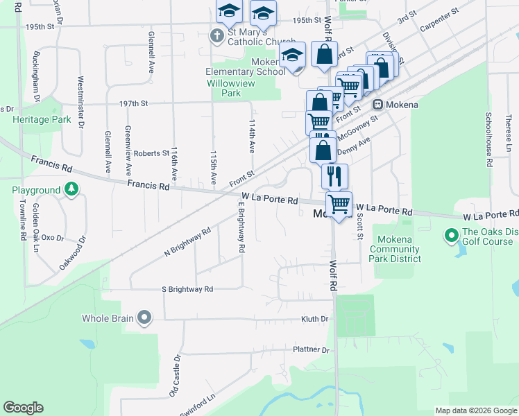 map of restaurants, bars, coffee shops, grocery stores, and more near 20035 114th Avenue in Mokena