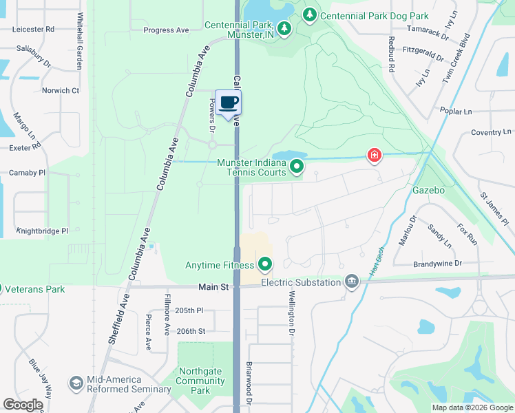 map of restaurants, bars, coffee shops, grocery stores, and more near 10374 Sutton Place in Munster
