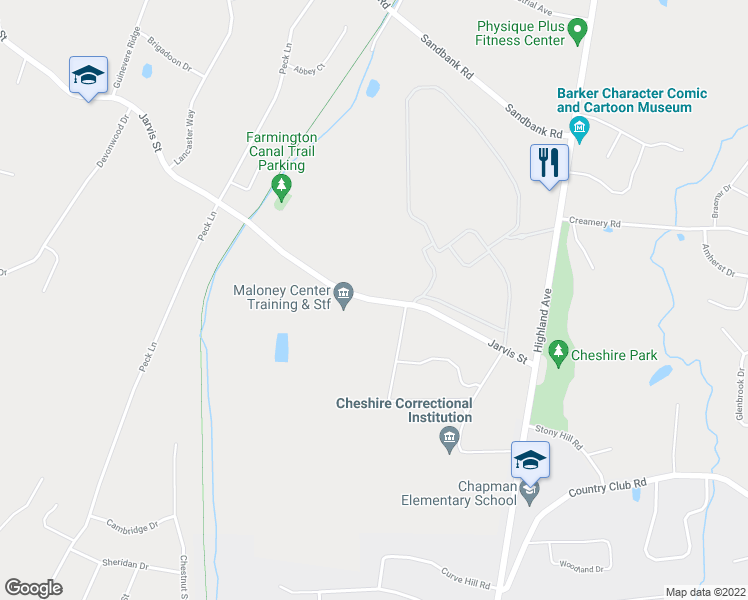 map of restaurants, bars, coffee shops, grocery stores, and more near 256 Jarvis Street in Cheshire